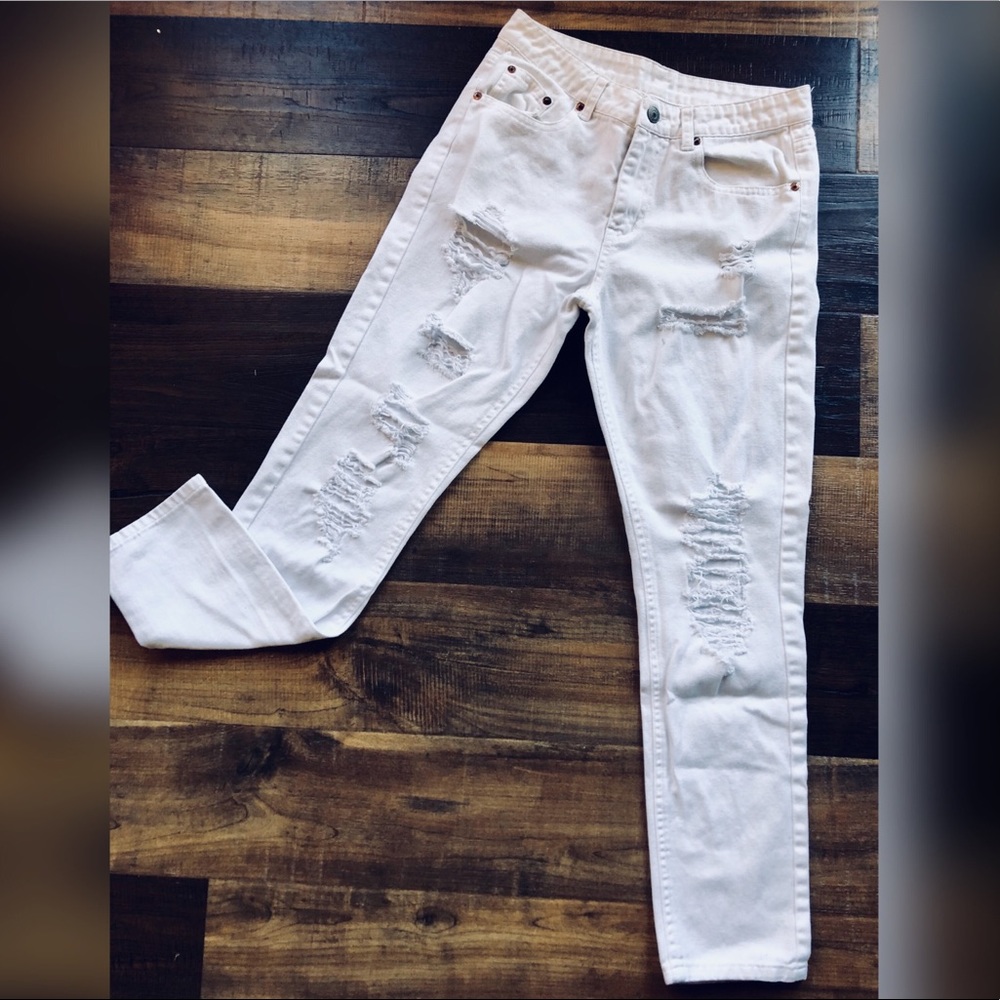 White Distressed Girlfriend Jeans